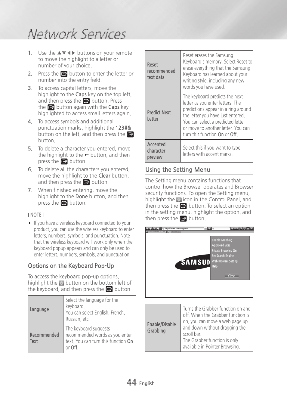 Using the setting menu, Network services | Samsung BD-H6500-ZA User Manual | Page 44 / 64