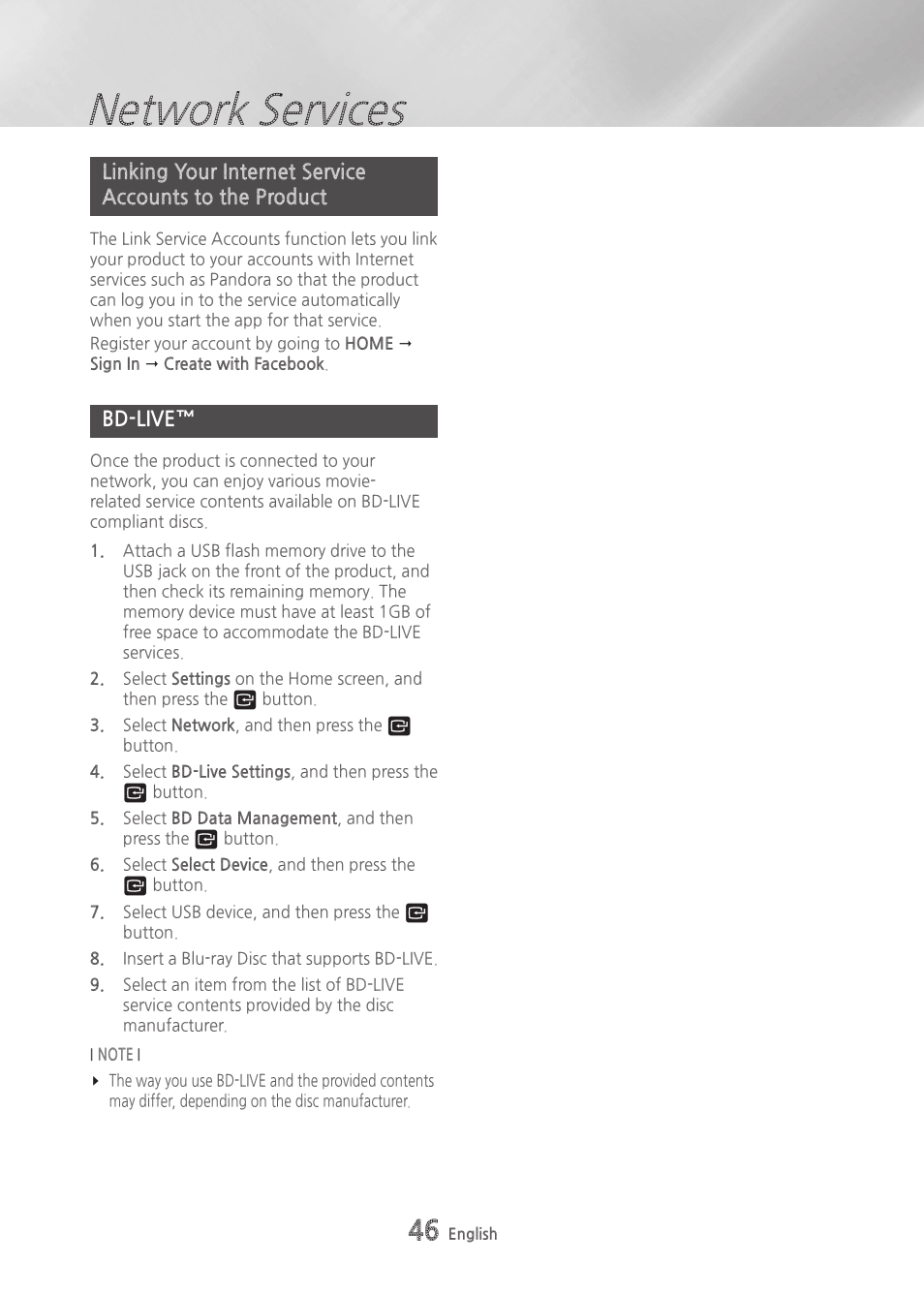 Bd-live, Network services | Samsung BD-H6500-ZA User Manual | Page 46 / 64