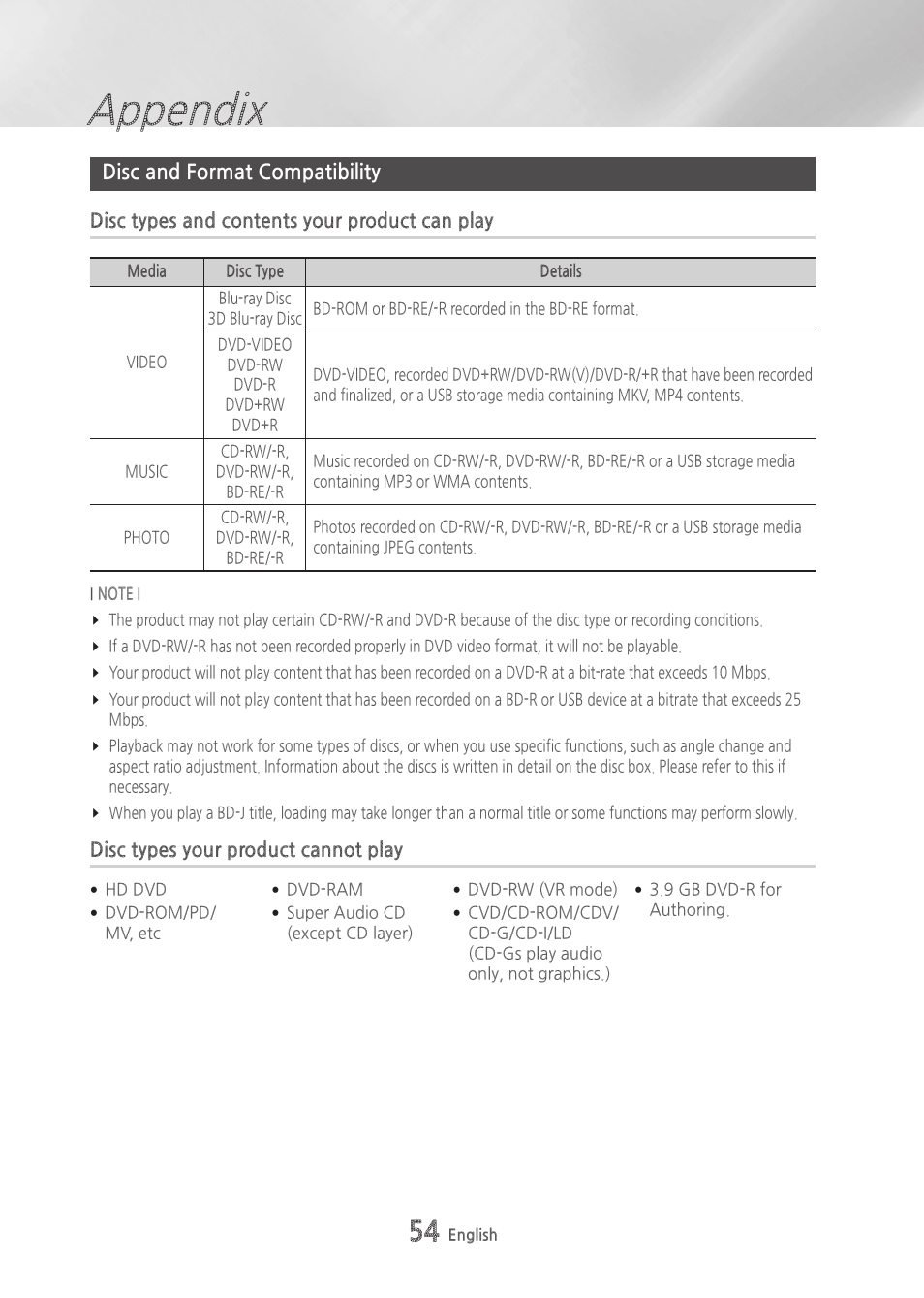 Disc and format compatibility, Disc types and contents your product can play, Disc types your product cannot play | Appendix | Samsung BD-H6500-ZA User Manual | Page 54 / 64