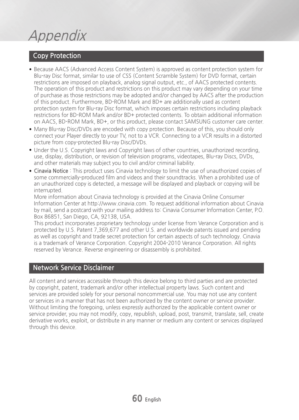 Copy protection, Network service disclaimer, Appendix | Samsung BD-H6500-ZA User Manual | Page 60 / 64