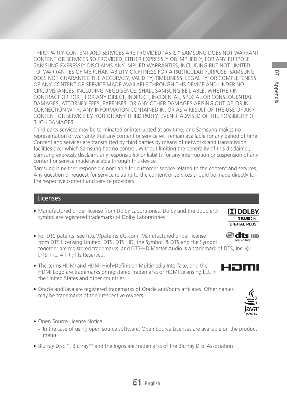 Licenses | Samsung BD-H6500-ZA User Manual | Page 61 / 64