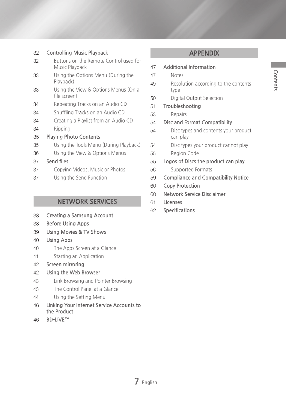 Network services, Appendix | Samsung BD-H6500-ZA User Manual | Page 7 / 64