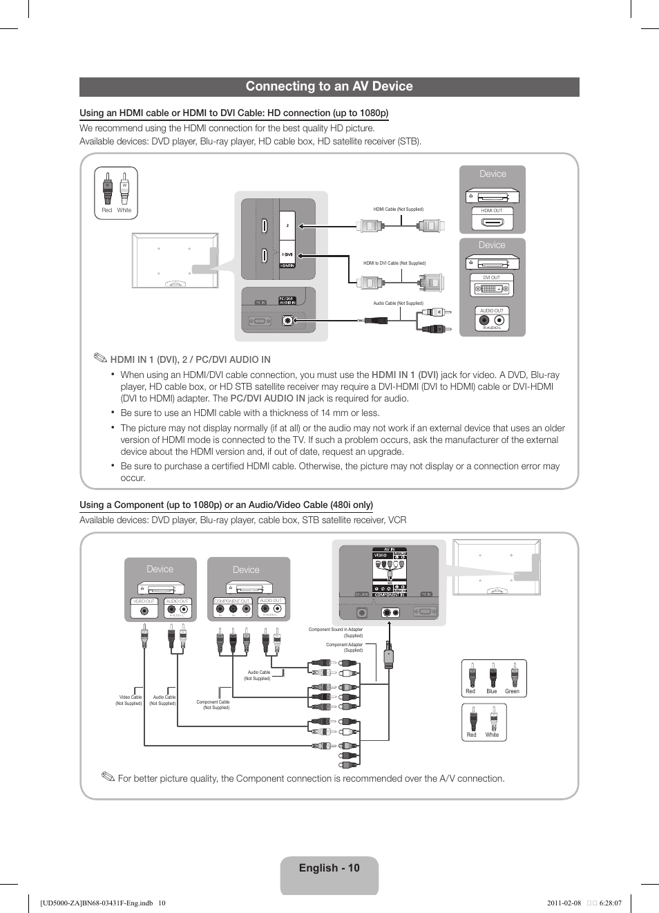 Connecting to an av device, English - 10, Hdmi in 1 (dvi), 2 / pc/dvi audio in | Device | Samsung UN22D5010NFXZA User Manual | Page 10 / 19