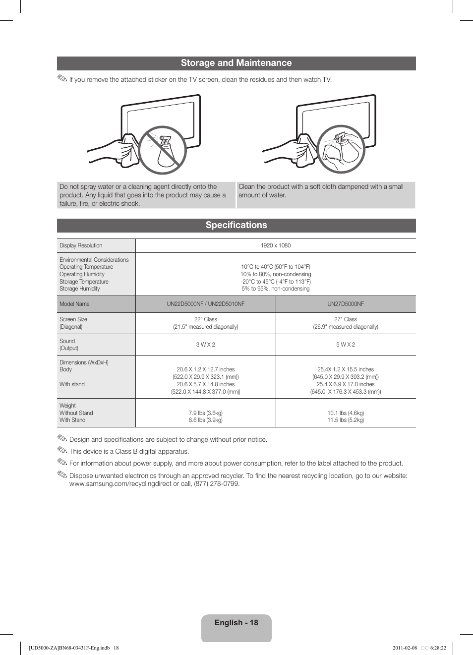 Storage and maintenance, Specifications | Samsung UN22D5010NFXZA User Manual | Page 18 / 19