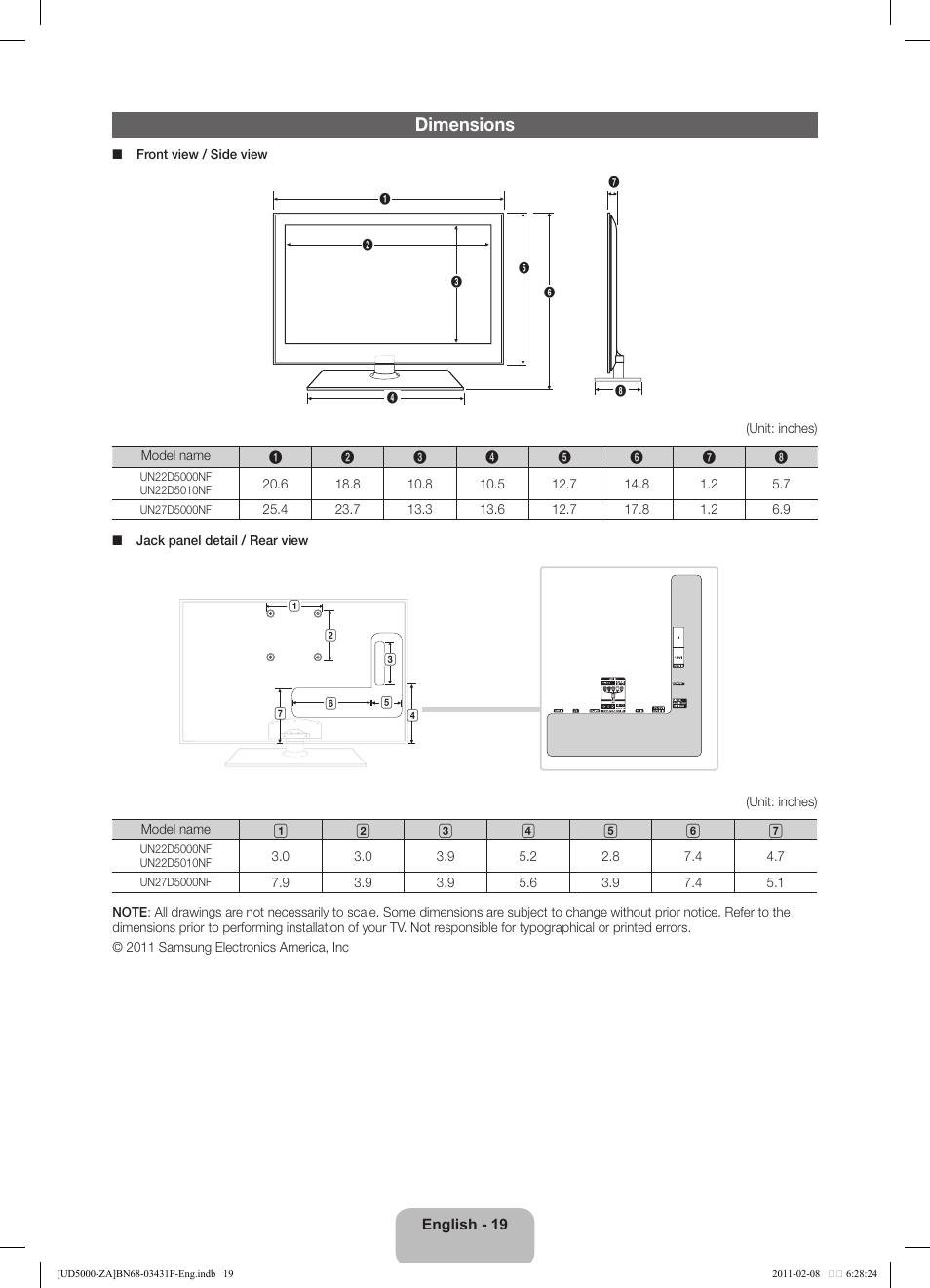 Dimensions | Samsung UN22D5010NFXZA User Manual | Page 19 / 19