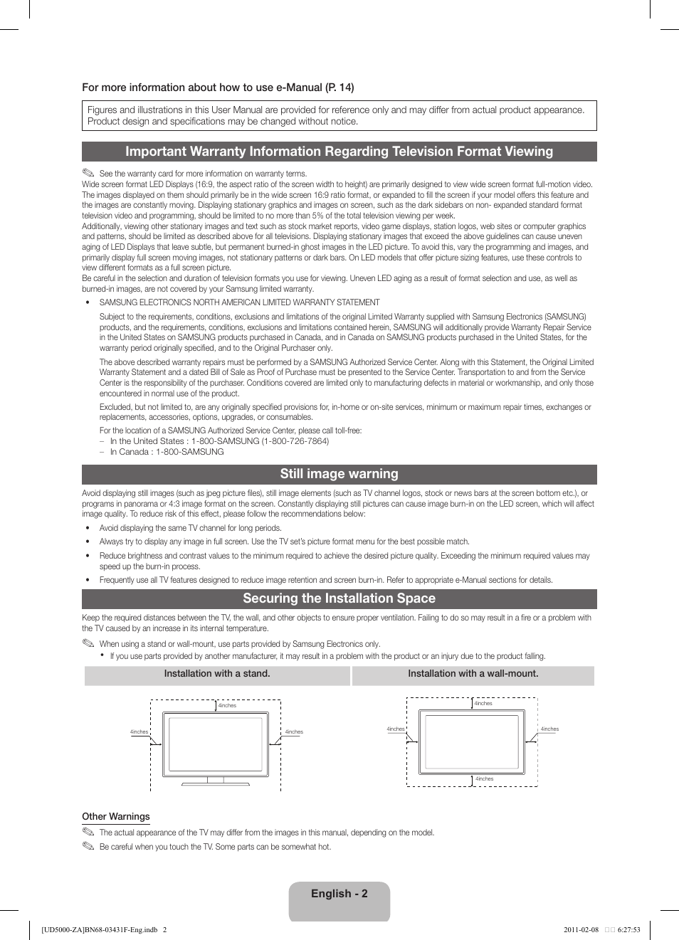 Still image warning, Securing the installation space | Samsung UN22D5010NFXZA User Manual | Page 2 / 19