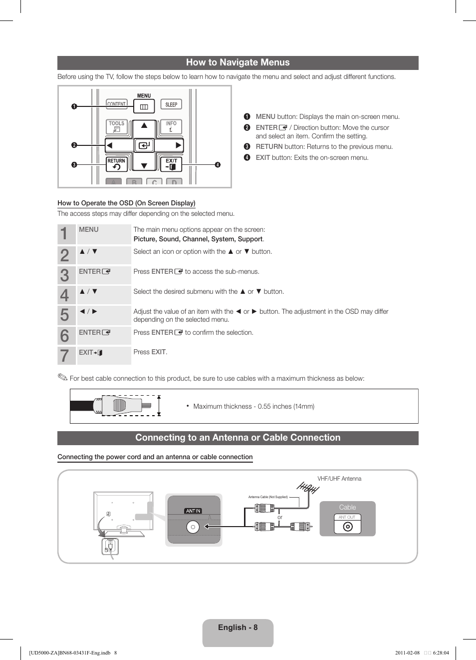 How to navigate menus, Connecting to an antenna or cable connection | Samsung UN22D5010NFXZA User Manual | Page 8 / 19