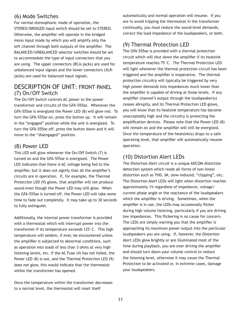 Description of unit | Adcom High-Current Power Amplifier GFA-555se User Manual | Page 11 / 16