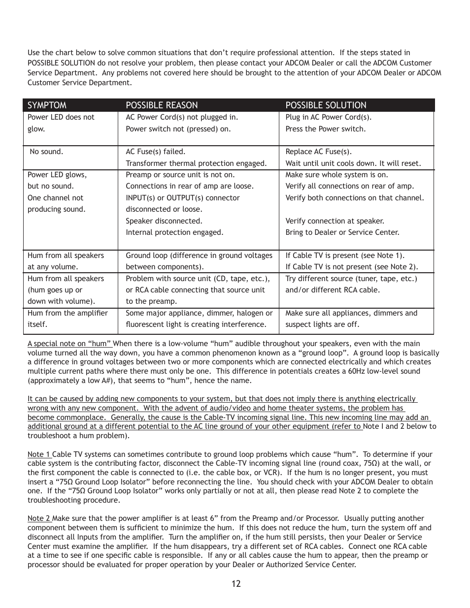 Resolving problems | Adcom High-Current Power Amplifier GFA-555se User Manual | Page 12 / 16