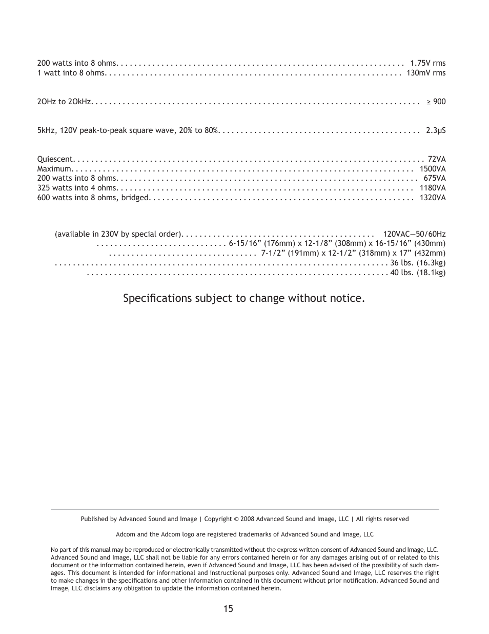 General, Specifi cations subject to change without notice | Adcom High-Current Power Amplifier GFA-555se User Manual | Page 15 / 16