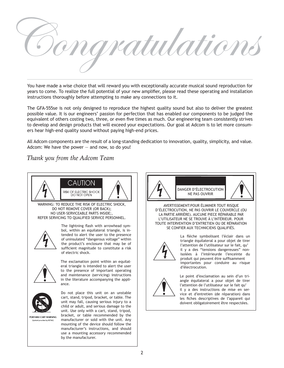 Avertissement | Adcom High-Current Power Amplifier GFA-555se User Manual | Page 2 / 16