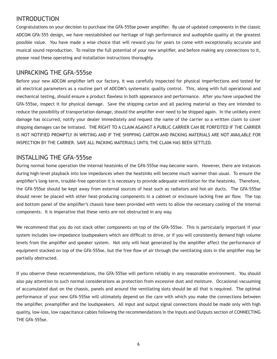 Introduction, Unpacking the gfa-555se, Installing the gfa-555se | Adcom High-Current Power Amplifier GFA-555se User Manual | Page 6 / 16