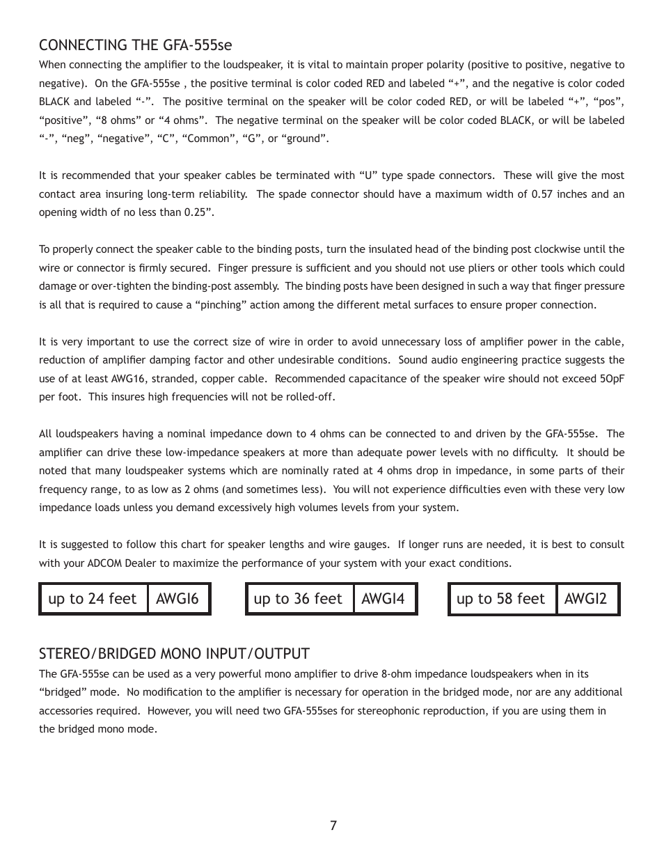 Connecting the gfa-555se, Stereo/bridged mono input/output | Adcom High-Current Power Amplifier GFA-555se User Manual | Page 7 / 16