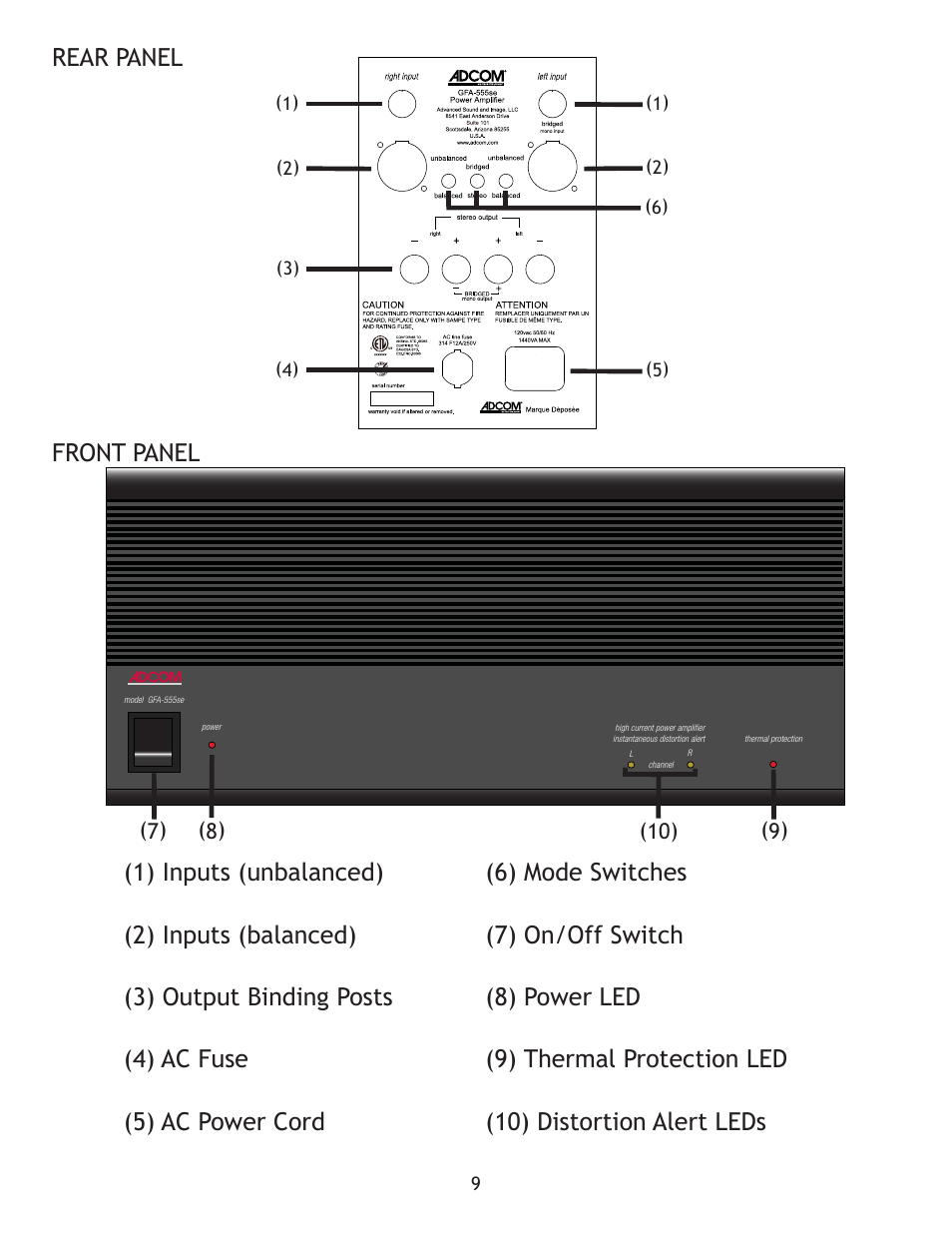 Front panel, Rear panel | Adcom High-Current Power Amplifier GFA-555se User Manual | Page 9 / 16