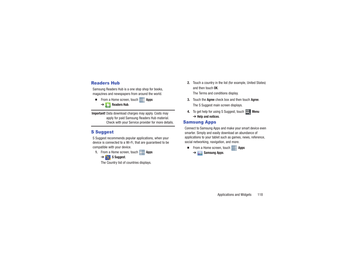 Readers hub, S suggest, Samsung apps | Readers hub s suggest samsung apps | Samsung GT-P3113TSYXAR User Manual | Page 123 / 195