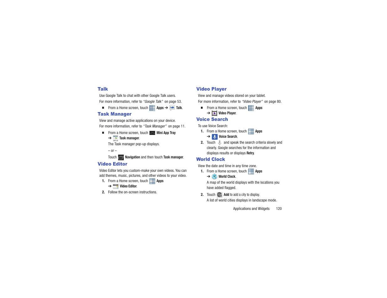 Talk, Task manager, Video editor | Video player, Voice search, World clock | Samsung GT-P3113TSYXAR User Manual | Page 125 / 195