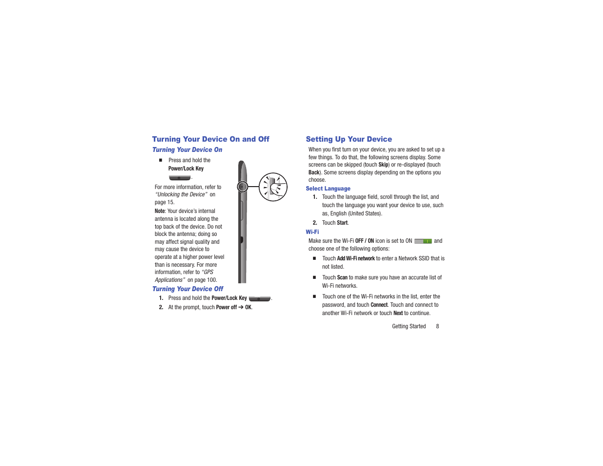 Turning your device on and off, Setting up your device | Samsung GT-P3113TSYXAR User Manual | Page 13 / 195