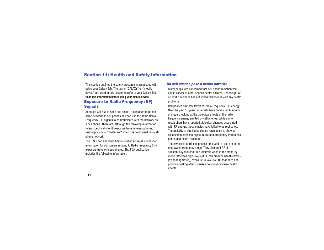 Section 11: health and safety information, Exposure to radio frequency (rf) signals | Samsung GT-P3113TSYXAR User Manual | Page 160 / 195