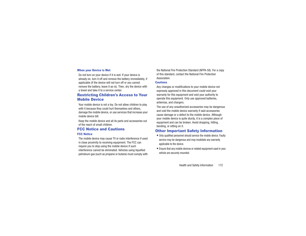 Fcc notice and cautions, Other important safety information, Restricting children's access to your | Mobile device | Samsung GT-P3113TSYXAR User Manual | Page 177 / 195