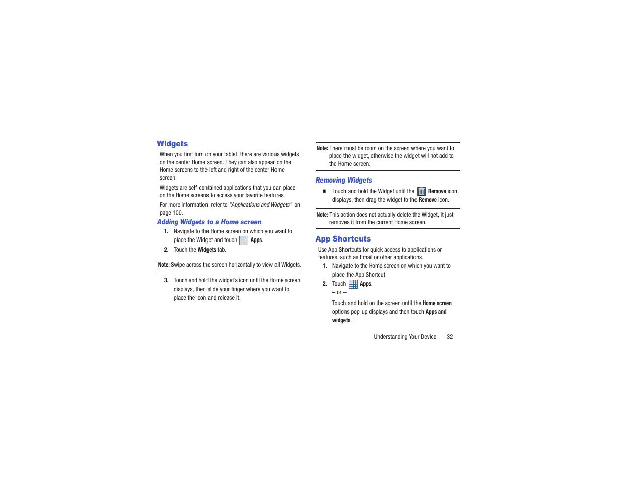 Widgets, App shortcuts, Widgets app shortcuts | For more information, refer to, For more information, refer to “widgets” on, Ions. for, More information, refer to “app shortcuts” on | Samsung GT-P3113TSYXAR User Manual | Page 37 / 195