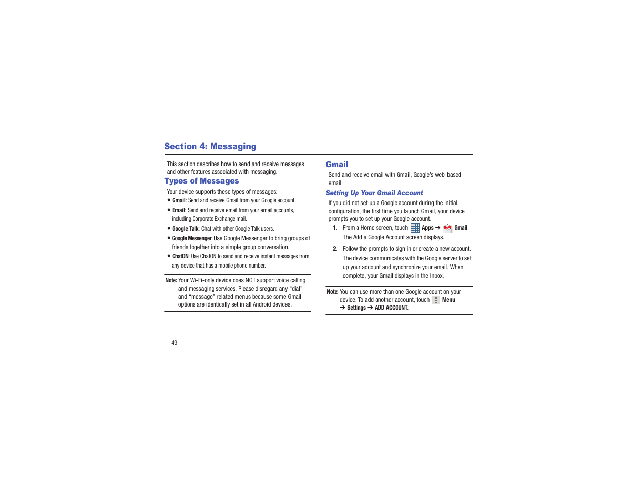 Section 4: messaging, Types of messages, Gmail | Types of messages gmail | Samsung GT-P3113TSYXAR User Manual | Page 54 / 195