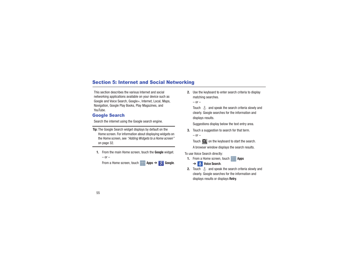 Section 5: internet and social networking, Google search, Section 5: internet and social | Networking, For more information, refer to “google search” on | Samsung GT-P3113TSYXAR User Manual | Page 60 / 195