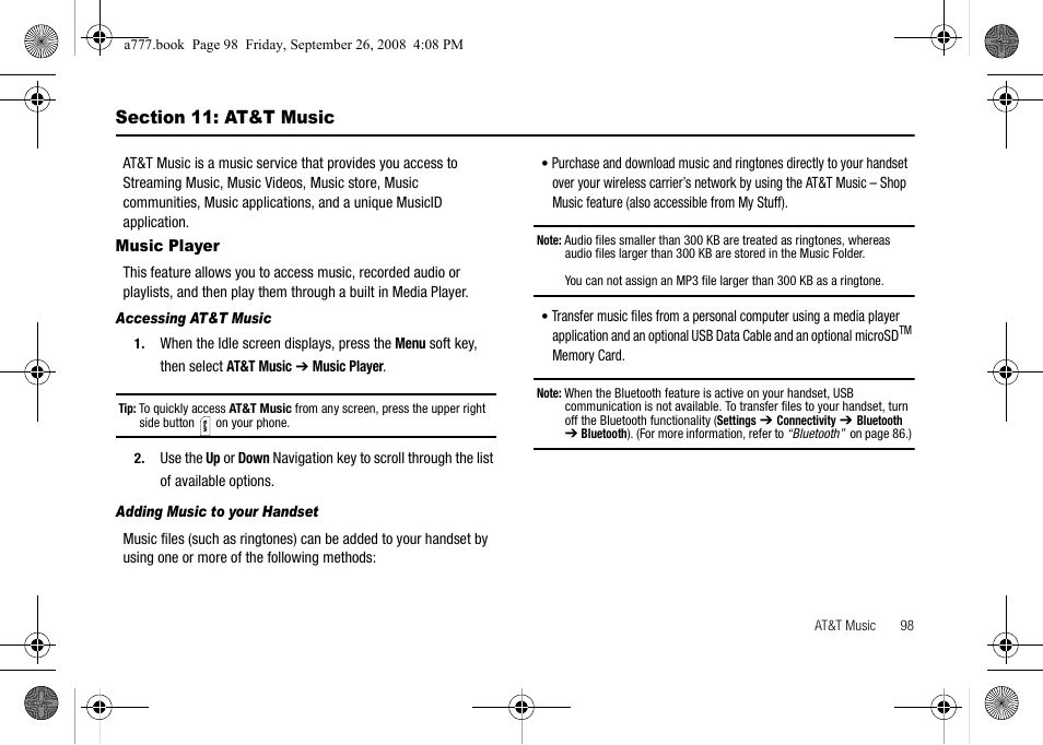 Section 11: at&t music, Music player | Samsung SGH-A777ORAATT User Manual | Page 102 / 176