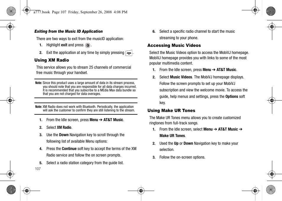 Using xm radio, Accessing music videos, Using make ur tones | Samsung SGH-A777ORAATT User Manual | Page 111 / 176