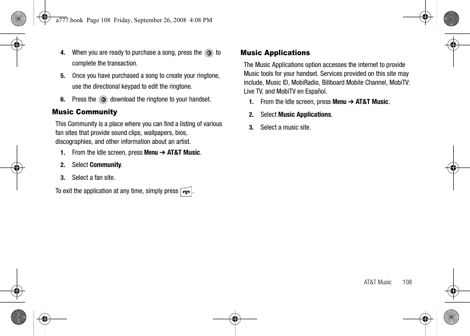 Music community, Music applications, Music community music applications | Samsung SGH-A777ORAATT User Manual | Page 112 / 176