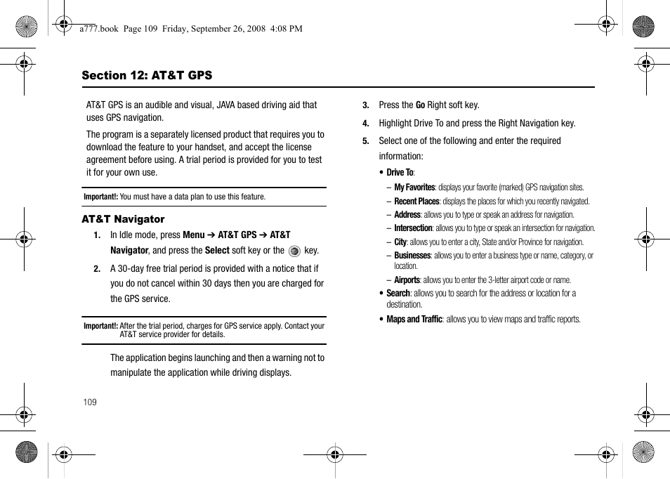 Section 12: at&t gps, At&t navigator | Samsung SGH-A777ORAATT User Manual | Page 113 / 176