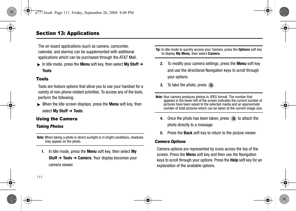 Section 13: applications, Tools, Using the camera | Tools using the camera | Samsung SGH-A777ORAATT User Manual | Page 115 / 176