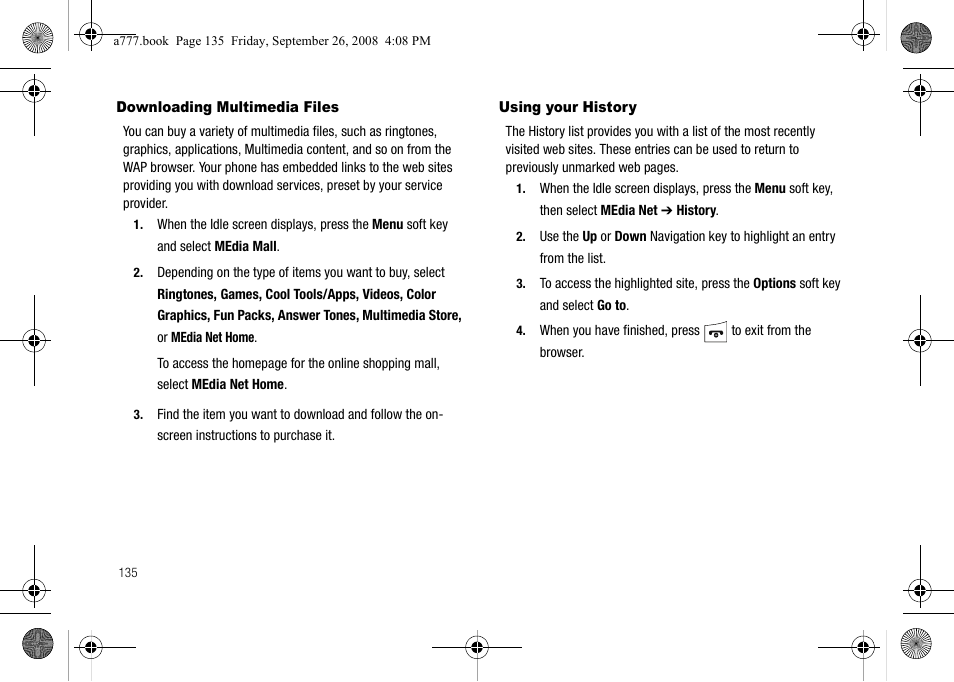 Downloading multimedia files, Using your history, Downloading multimedia files using your history | Samsung SGH-A777ORAATT User Manual | Page 139 / 176