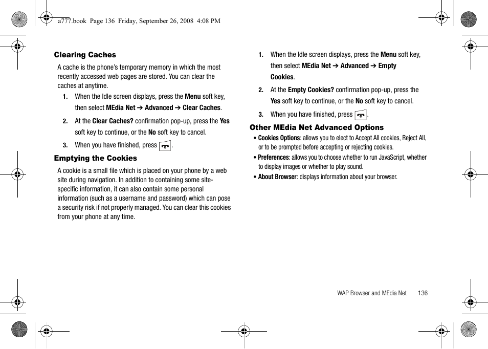 Clearing caches, Emptying the cookies, Other media net advanced options | Samsung SGH-A777ORAATT User Manual | Page 140 / 176