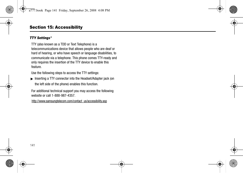 Section 15: accessibility | Samsung SGH-A777ORAATT User Manual | Page 145 / 176