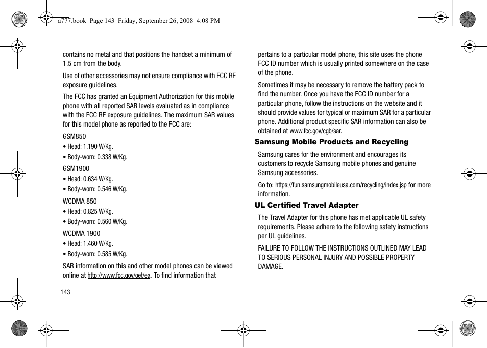 Samsung mobile products and recycling, Ul certified travel adapter | Samsung SGH-A777ORAATT User Manual | Page 147 / 176