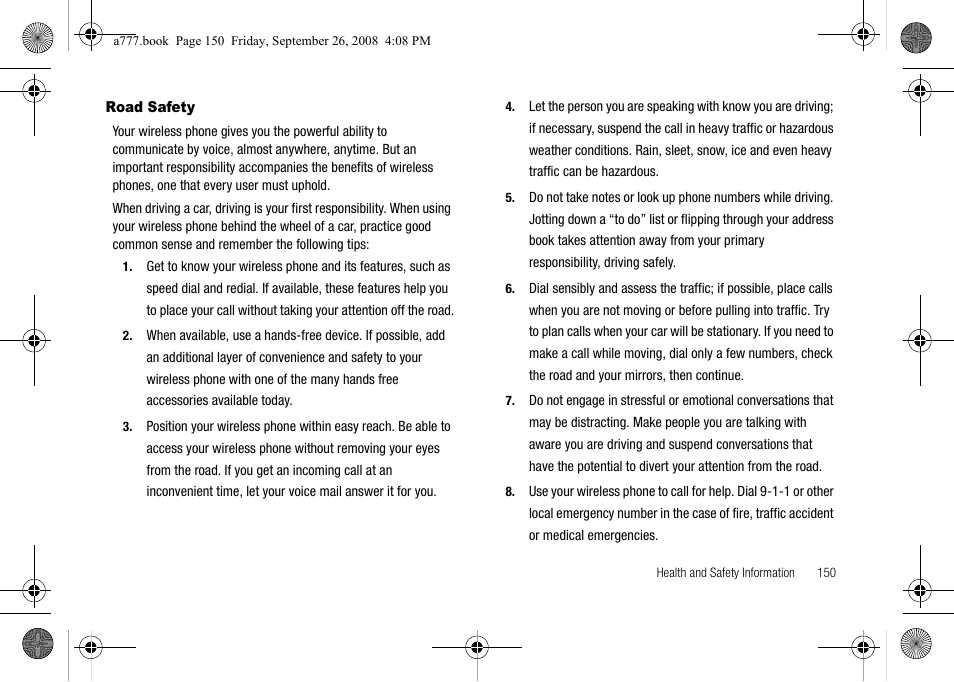 Road safety | Samsung SGH-A777ORAATT User Manual | Page 154 / 176