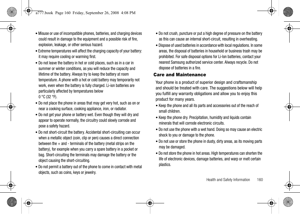 Care and maintenance | Samsung SGH-A777ORAATT User Manual | Page 164 / 176