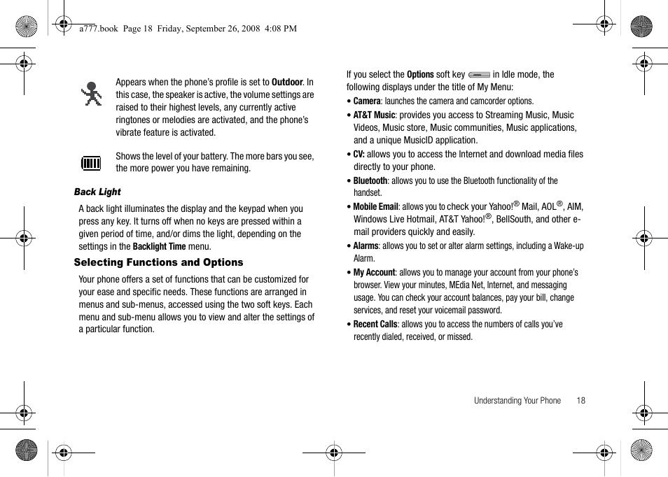 Selecting functions and options | Samsung SGH-A777ORAATT User Manual | Page 22 / 176