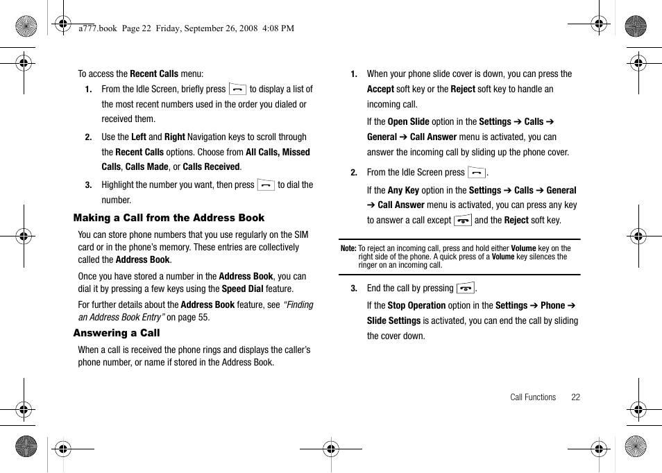 Making a call from the address book, Answering a call | Samsung SGH-A777ORAATT User Manual | Page 26 / 176