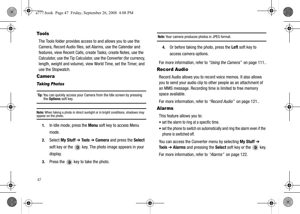 Tools, Camera, Record audio | Alarms, Tools camera record audio alarms | Samsung SGH-A777ORAATT User Manual | Page 51 / 176