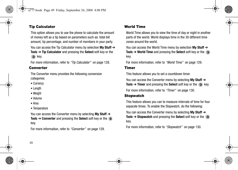Tip calculator, Converter, World time | Timer, Stopwatch, Tip calculator converter world time, Timer stopwatch | Samsung SGH-A777ORAATT User Manual | Page 53 / 176