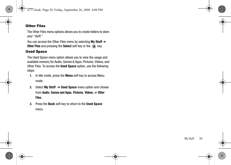 Other files, Used space, Other files used space | Samsung SGH-A777ORAATT User Manual | Page 54 / 176