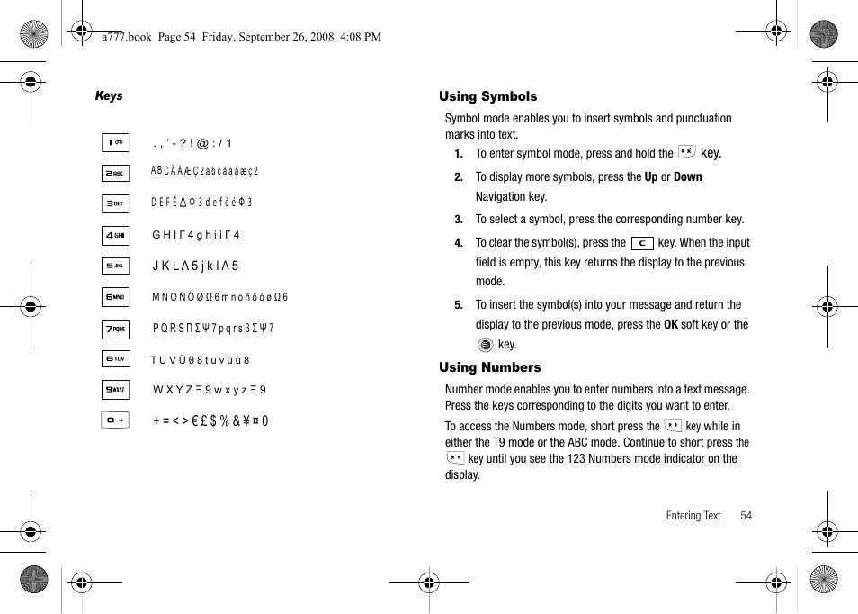 Using symbols, Using numbers, Using symbols using numbers | Samsung SGH-A777ORAATT User Manual | Page 58 / 176