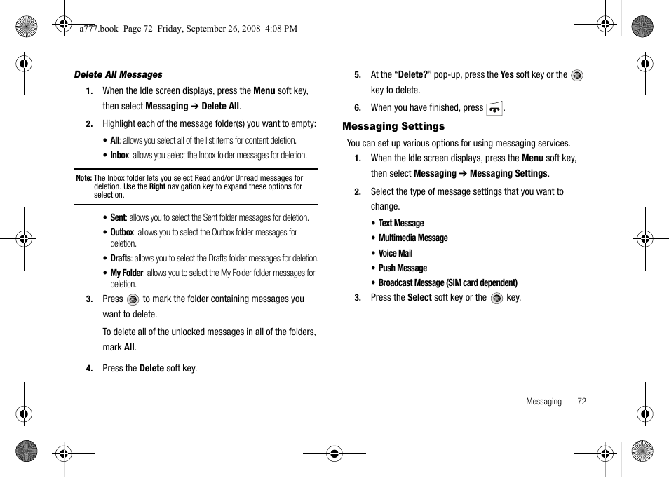 Messaging settings | Samsung SGH-A777ORAATT User Manual | Page 76 / 176