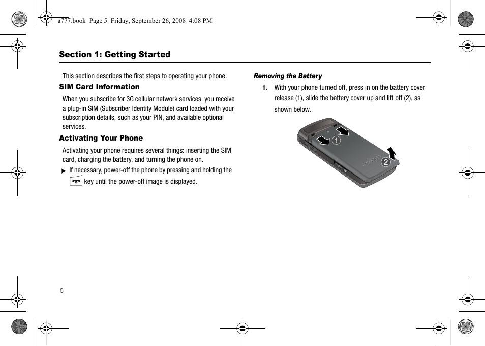 Section 1: getting started, Sim card information, Activating your phone | Sim card information activating your phone | Samsung SGH-A777ORAATT User Manual | Page 9 / 176