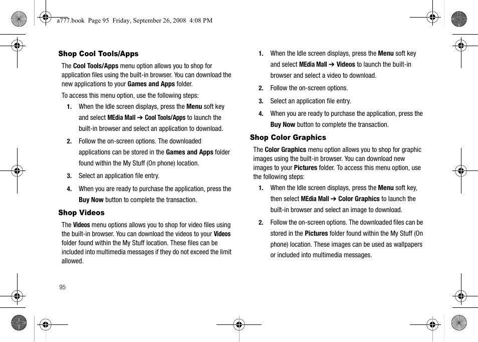 Shop cool tools/apps, Shop videos, Shop color graphics | Shop cool tools/apps shop videos | Samsung SGH-A777ORAATT User Manual | Page 99 / 176