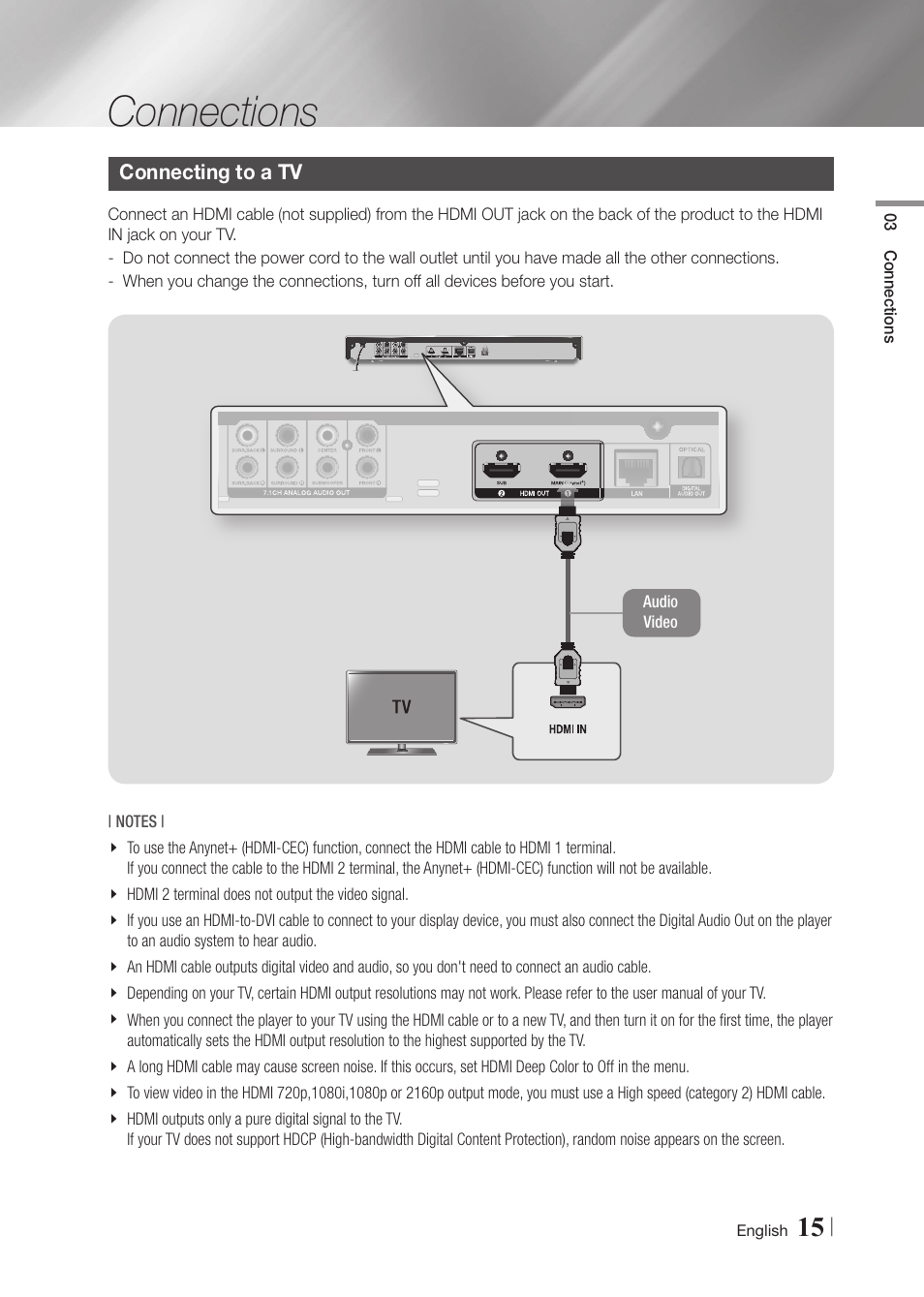 Connections, Connecting to a tv | Samsung BD-F7500-ZA User Manual | Page 15 / 71