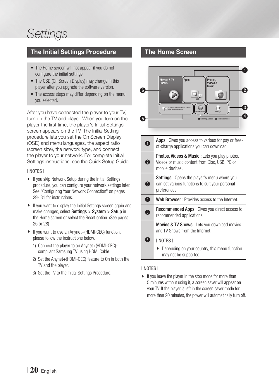 Settings, The initial settings procedure, The home screen | Samsung BD-F7500-ZA User Manual | Page 20 / 71