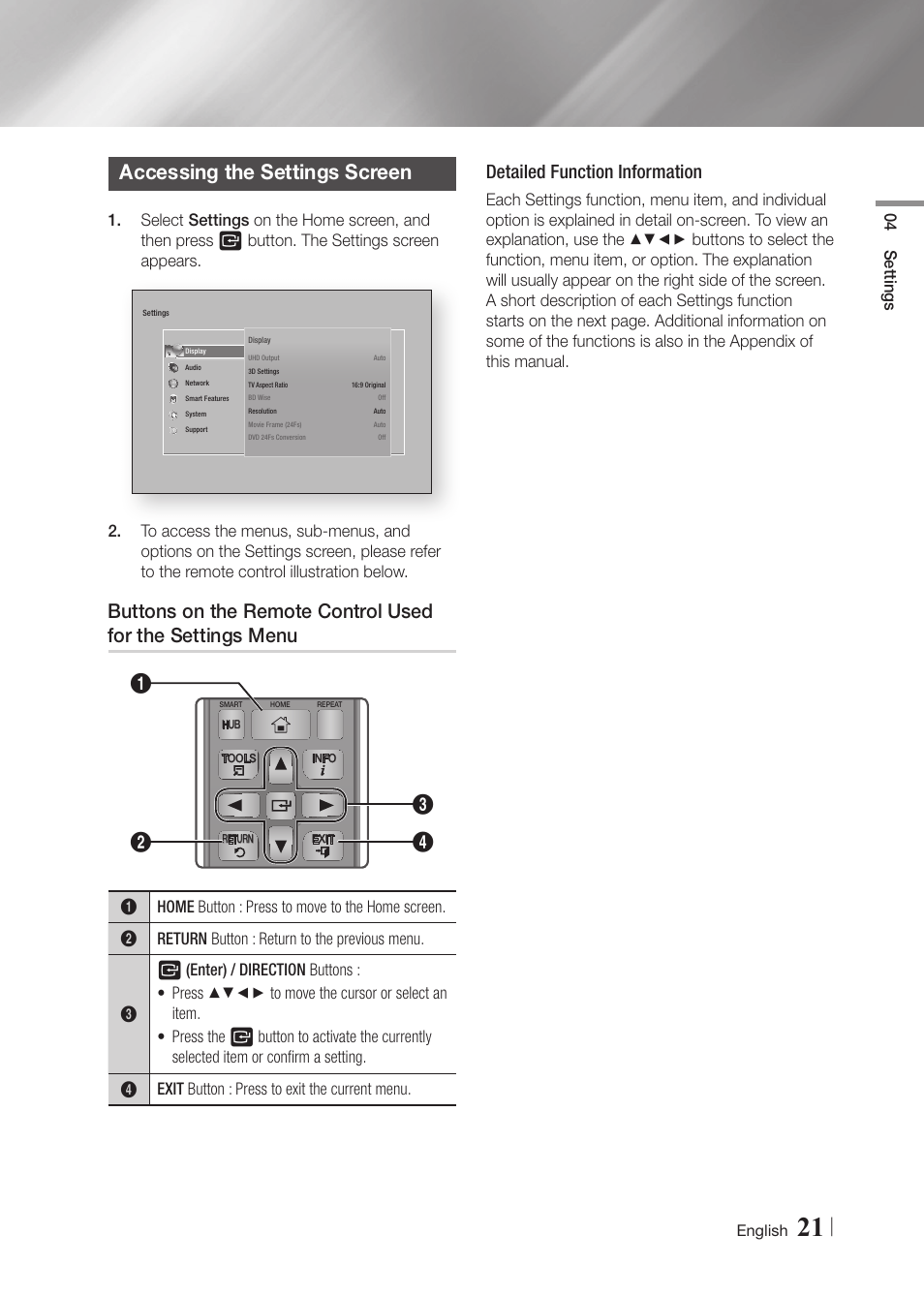 Accessing the settings screen, Detailed function information | Samsung BD-F7500-ZA User Manual | Page 21 / 71