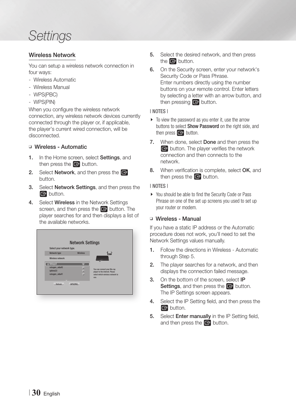 Settings | Samsung BD-F7500-ZA User Manual | Page 30 / 71